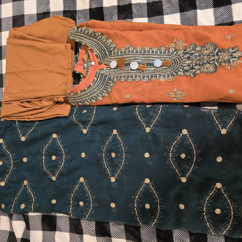 Embellished Orange and Blue Tiered Wedding Guest Dress, Pakistani Party Dress,